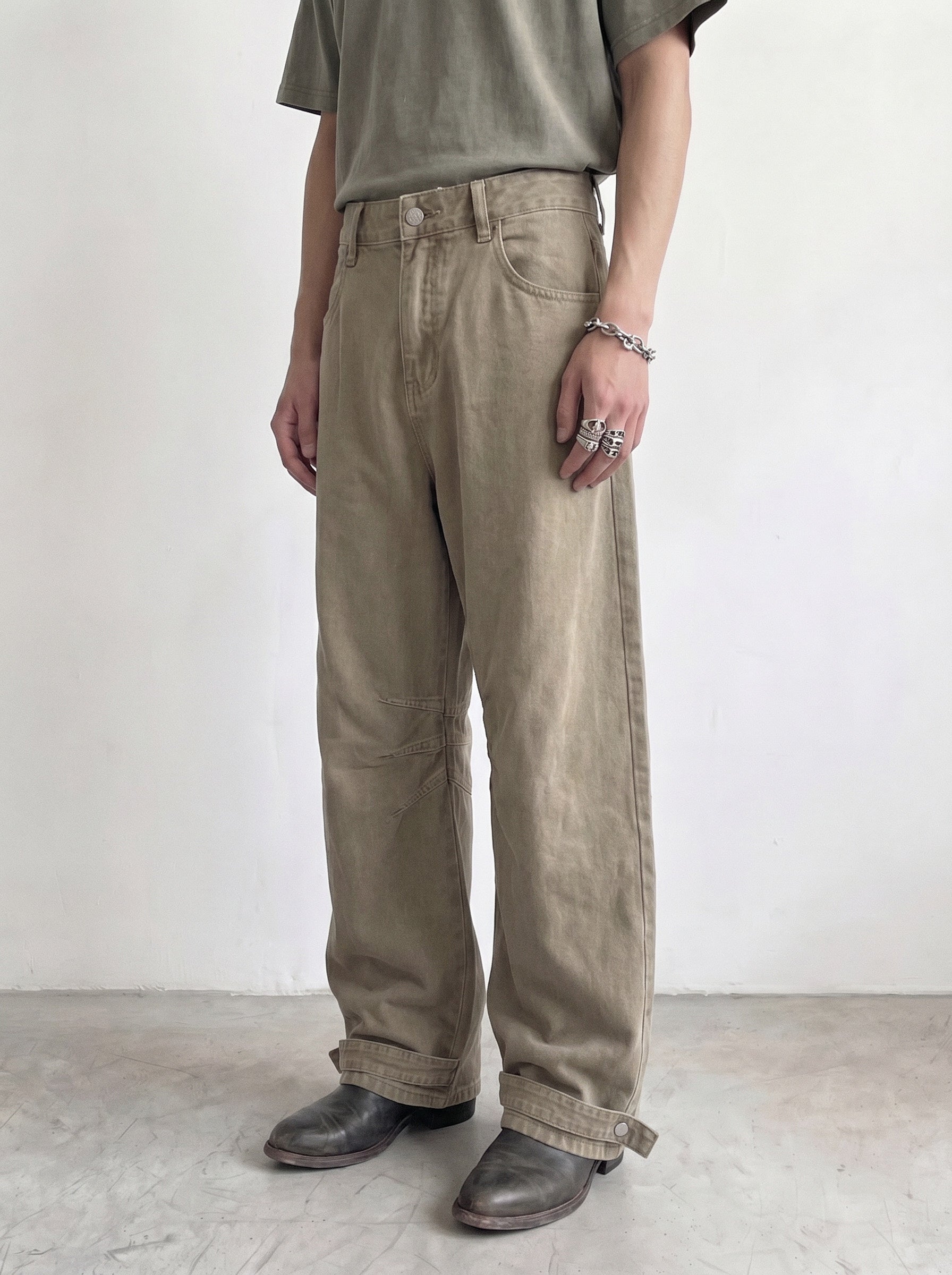 Washed Canvas Snap Ankle Wide-Leg Pant