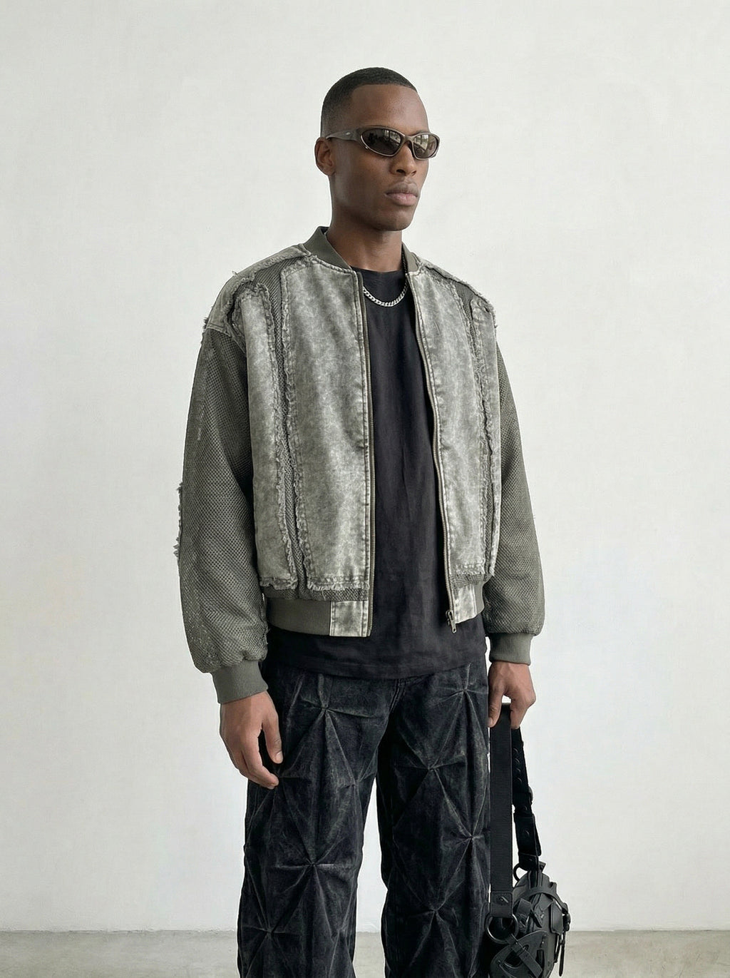 Raw Edge Patchwork Denim Bomber