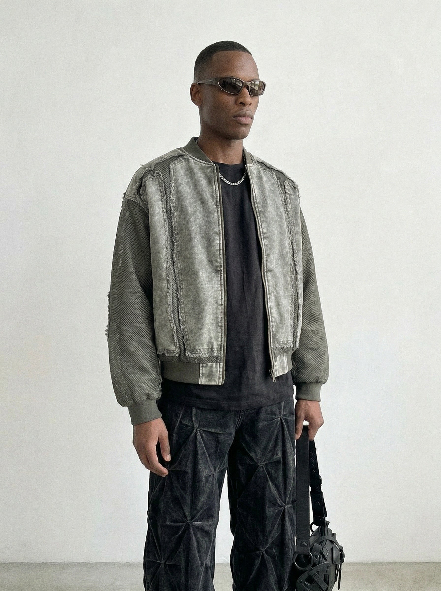 Raw Edge Patchwork Denim Bomber