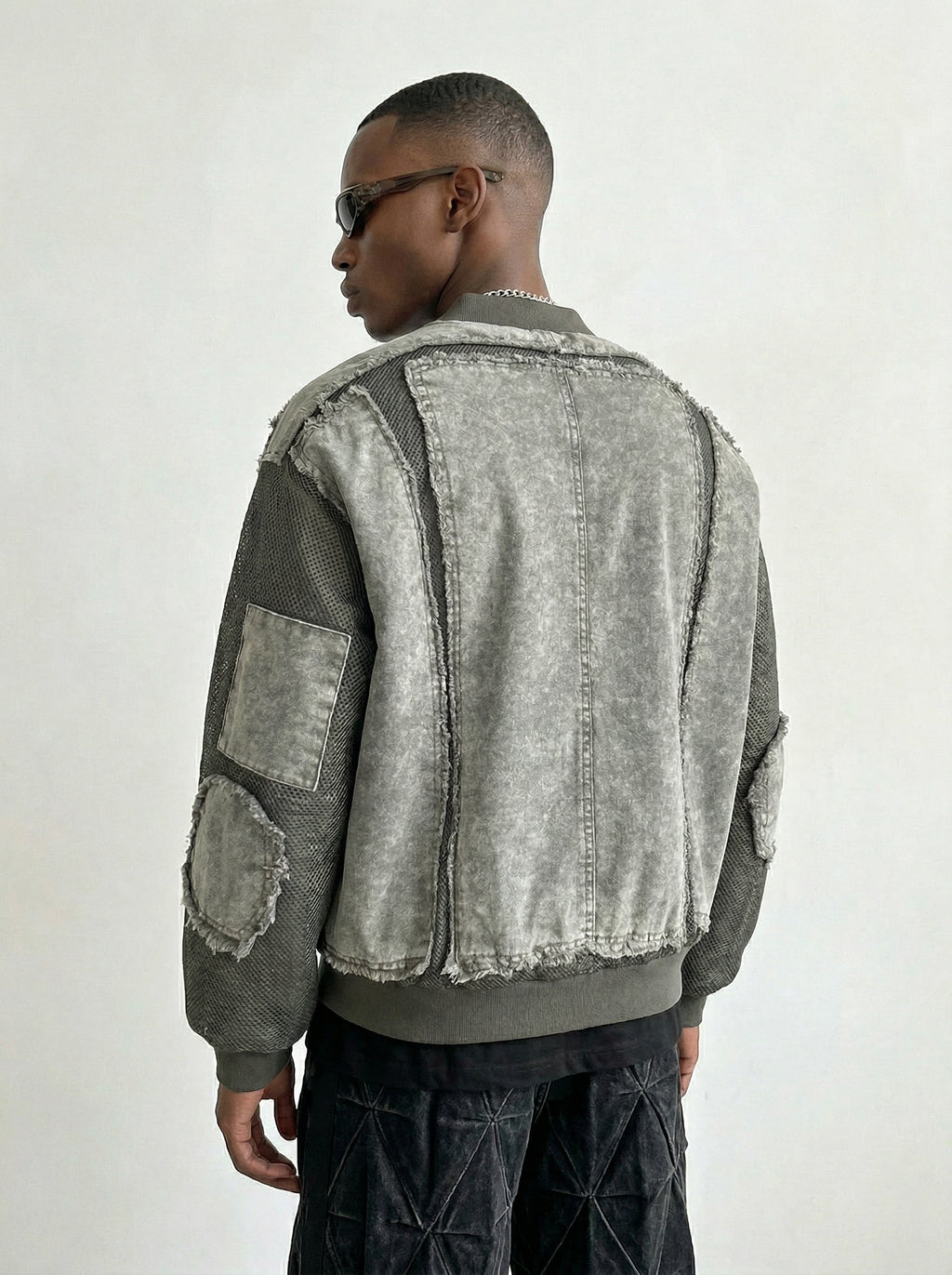 Raw Edge Patchwork Denim Bomber