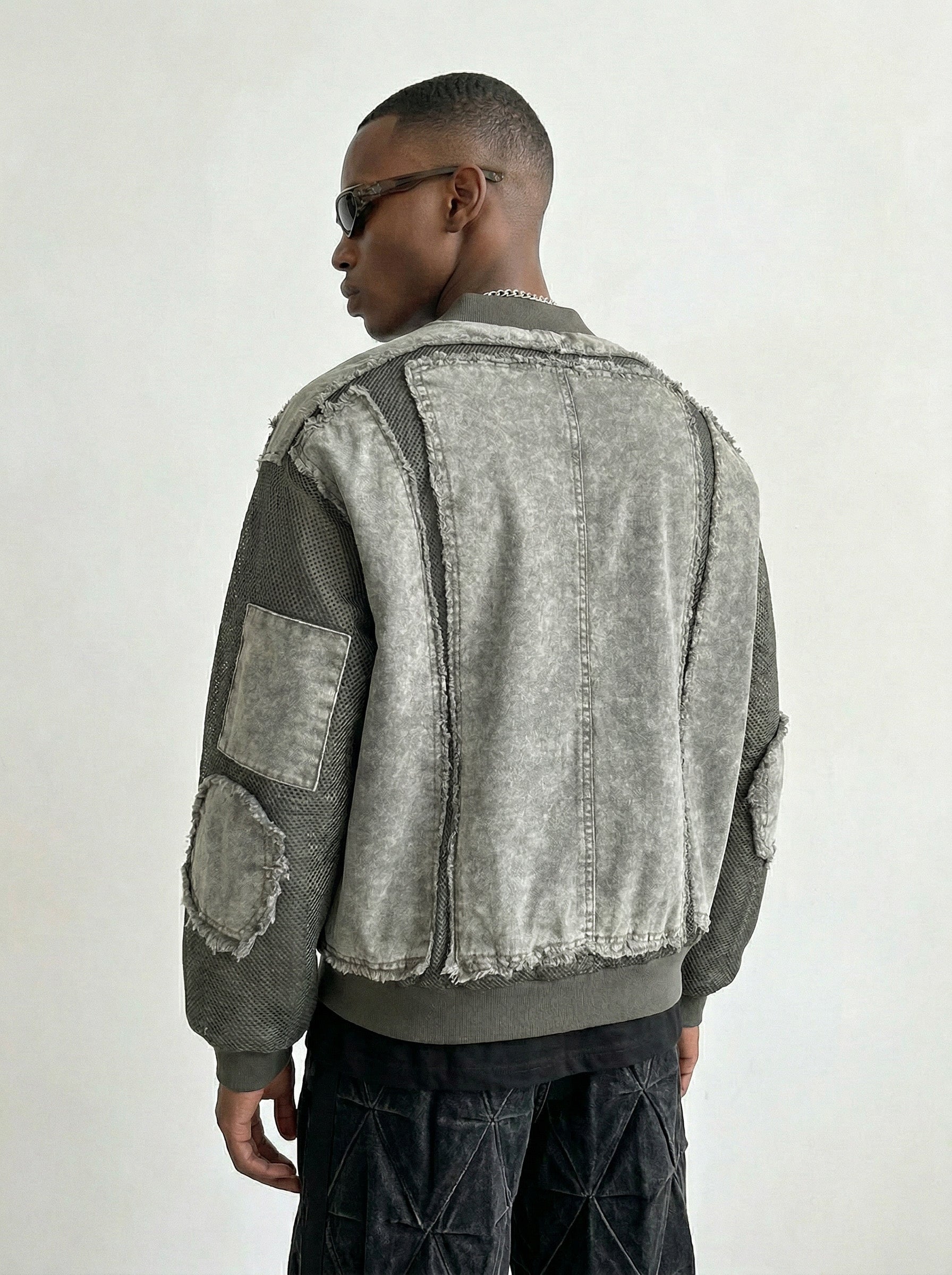 Raw Edge Patchwork Denim Bomber