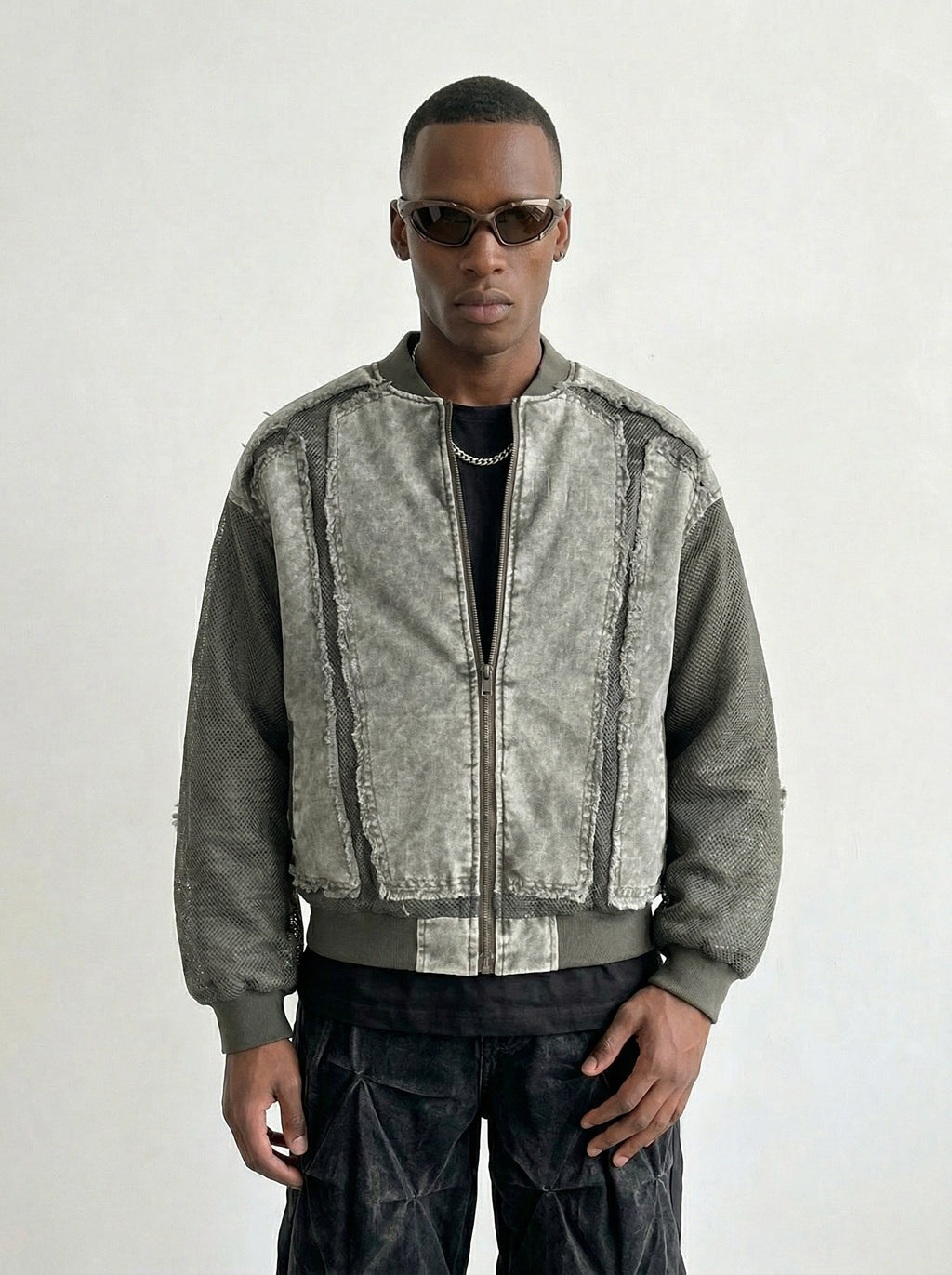 Raw Edge Patchwork Denim Bomber