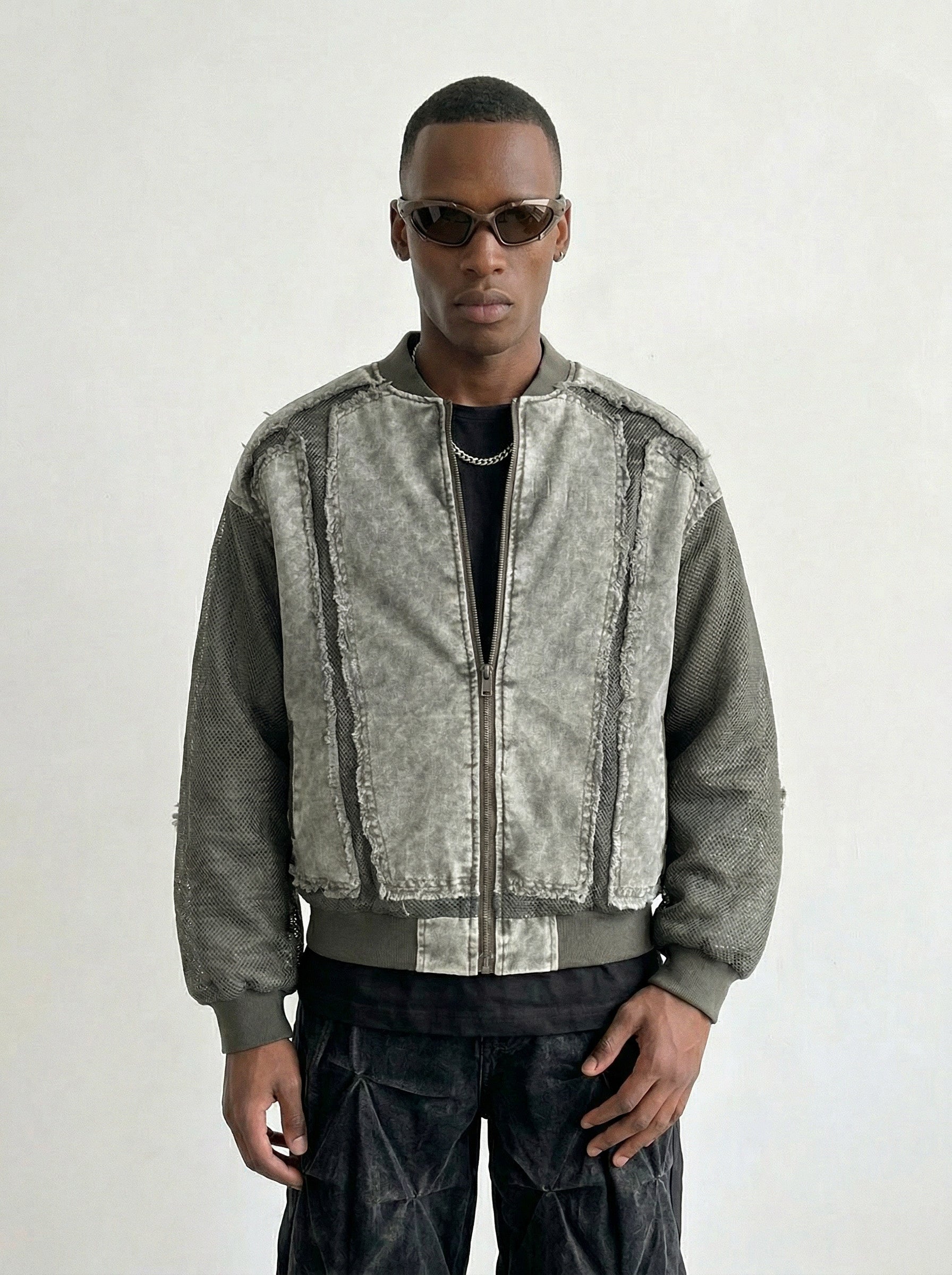 Raw Edge Patchwork Denim Bomber
