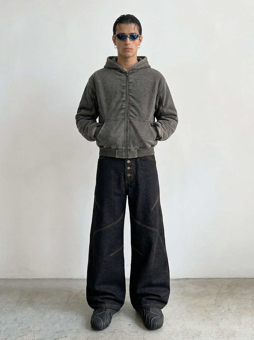 Washed Charcoal Ruched Back Zip Hoodie