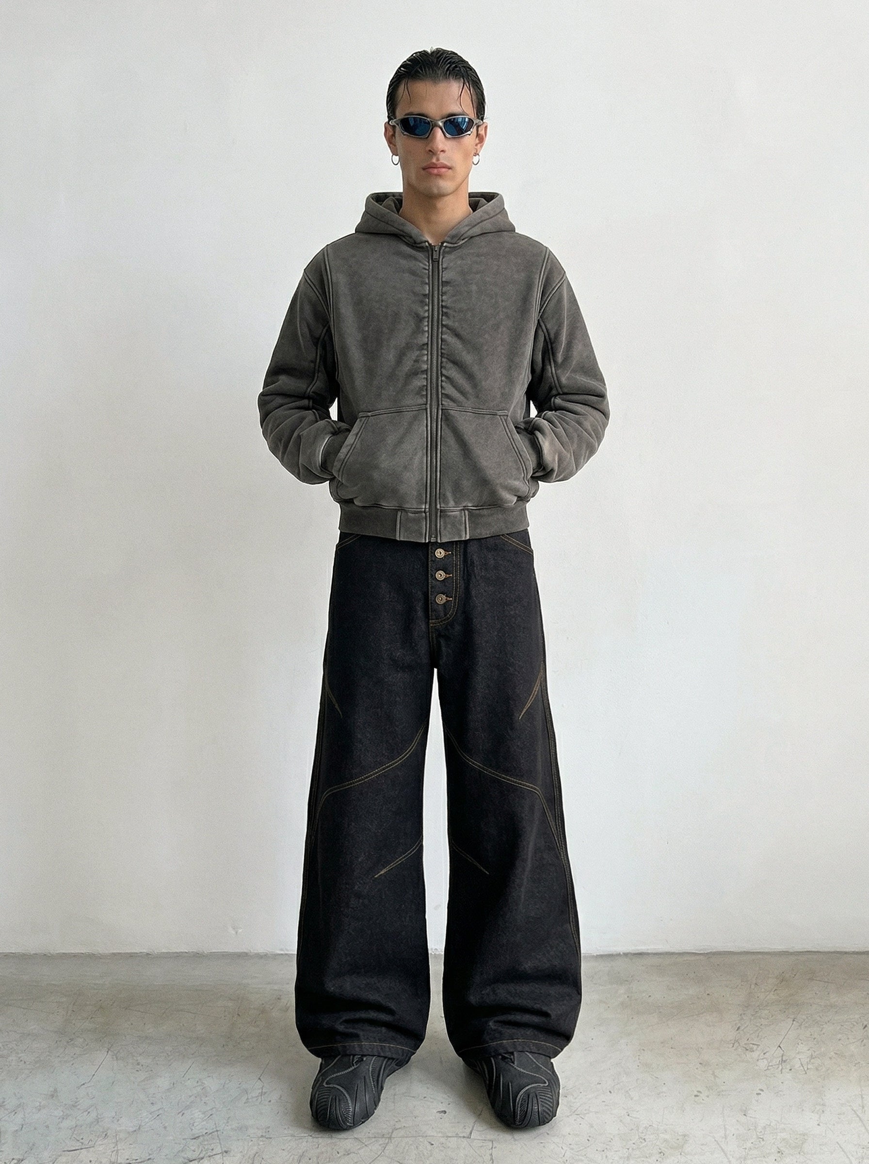 Washed Charcoal Ruched Back Zip Hoodie