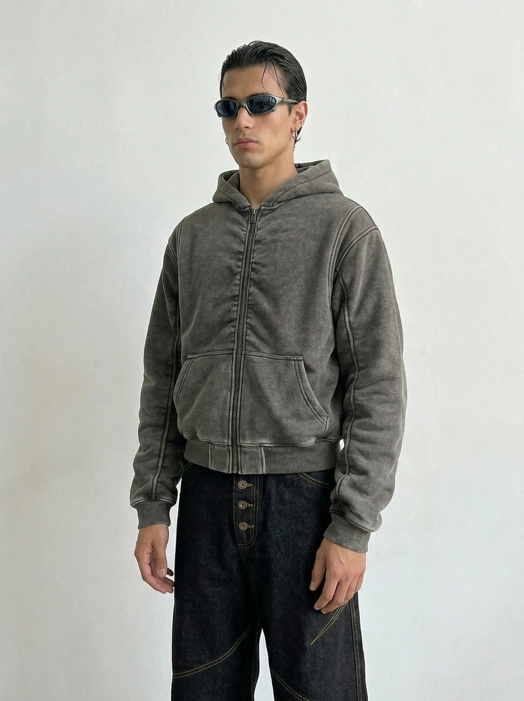 Washed Charcoal Ruched Back Zip Hoodie