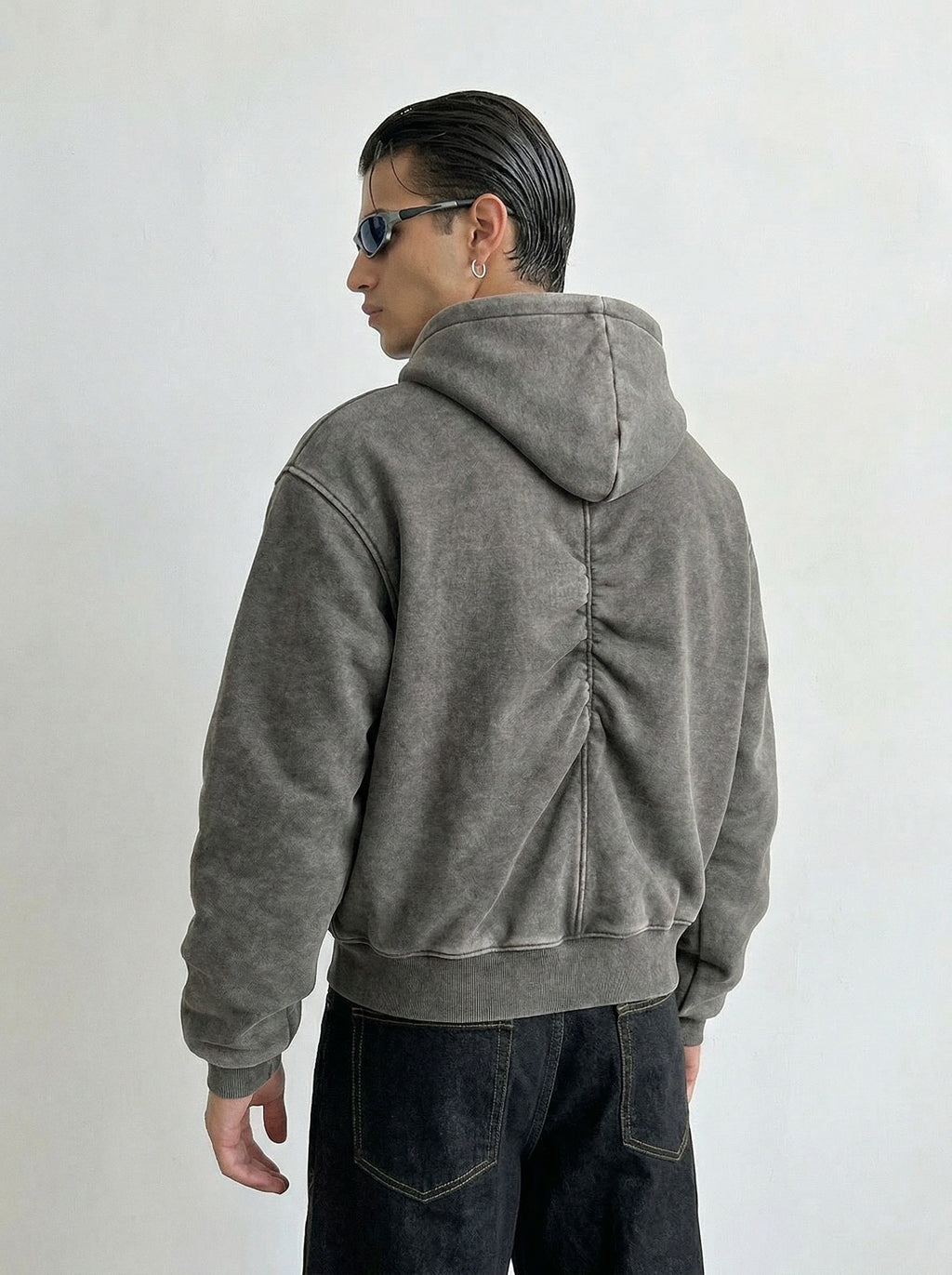 Washed Charcoal Ruched Back Zip Hoodie