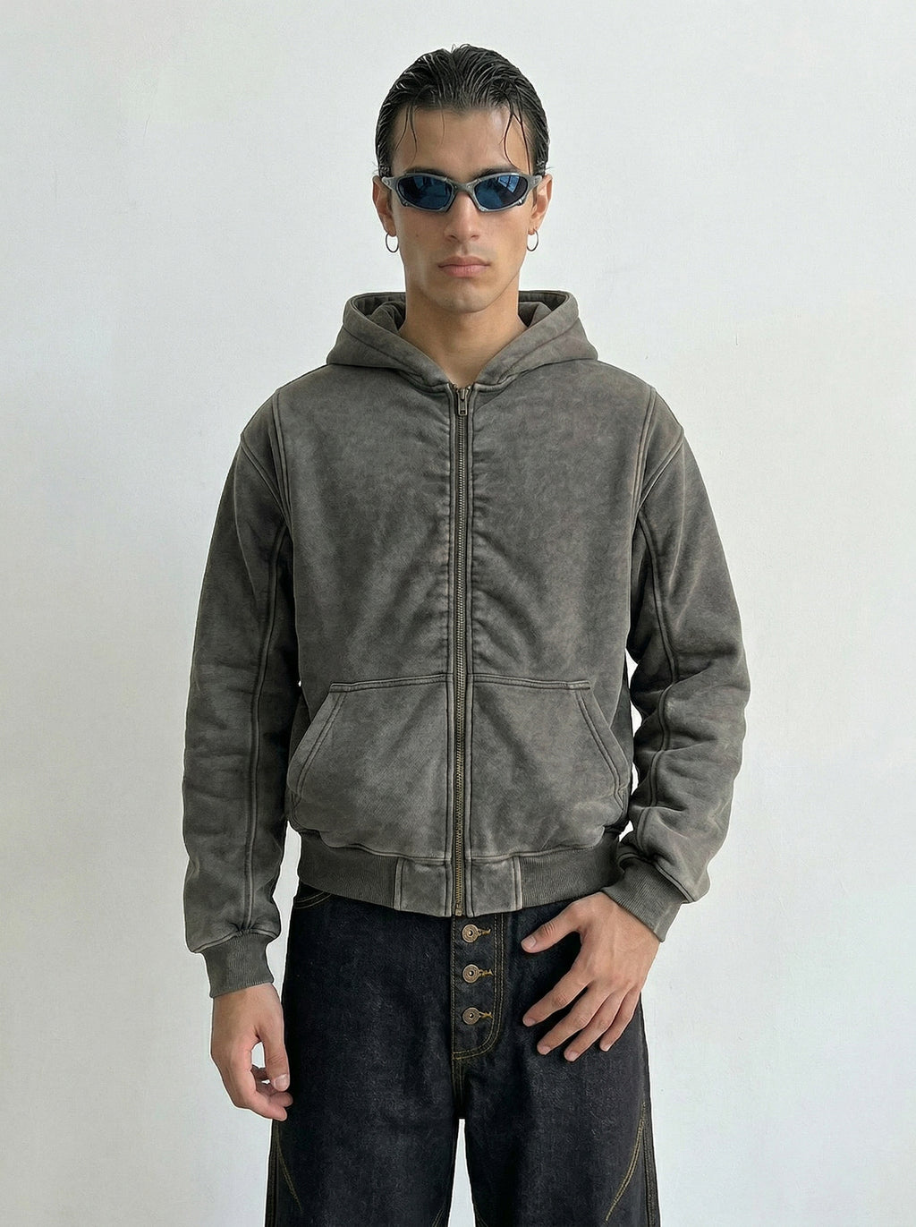 Washed Charcoal Ruched Back Zip Hoodie