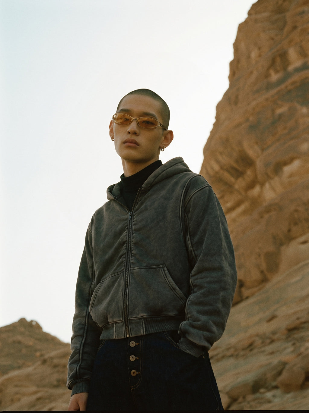 Washed Charcoal Ruched Back Zip Hoodie