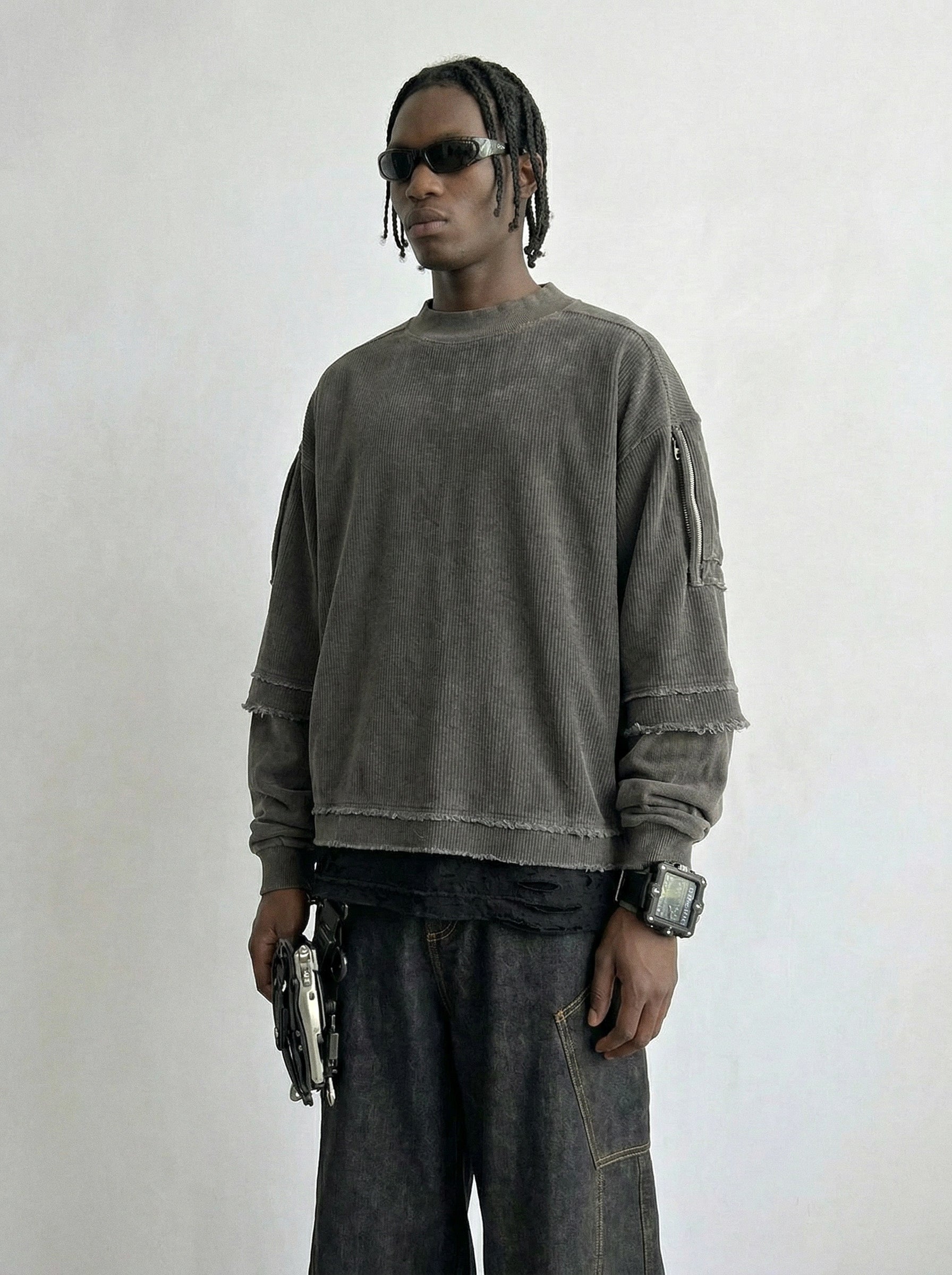 Washed Corduroy Raw Edge Crewneck
