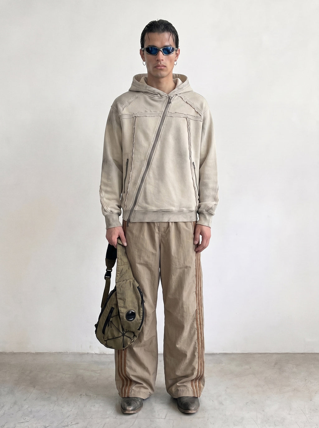 Washed Sand Diagonal Zip Hoodie