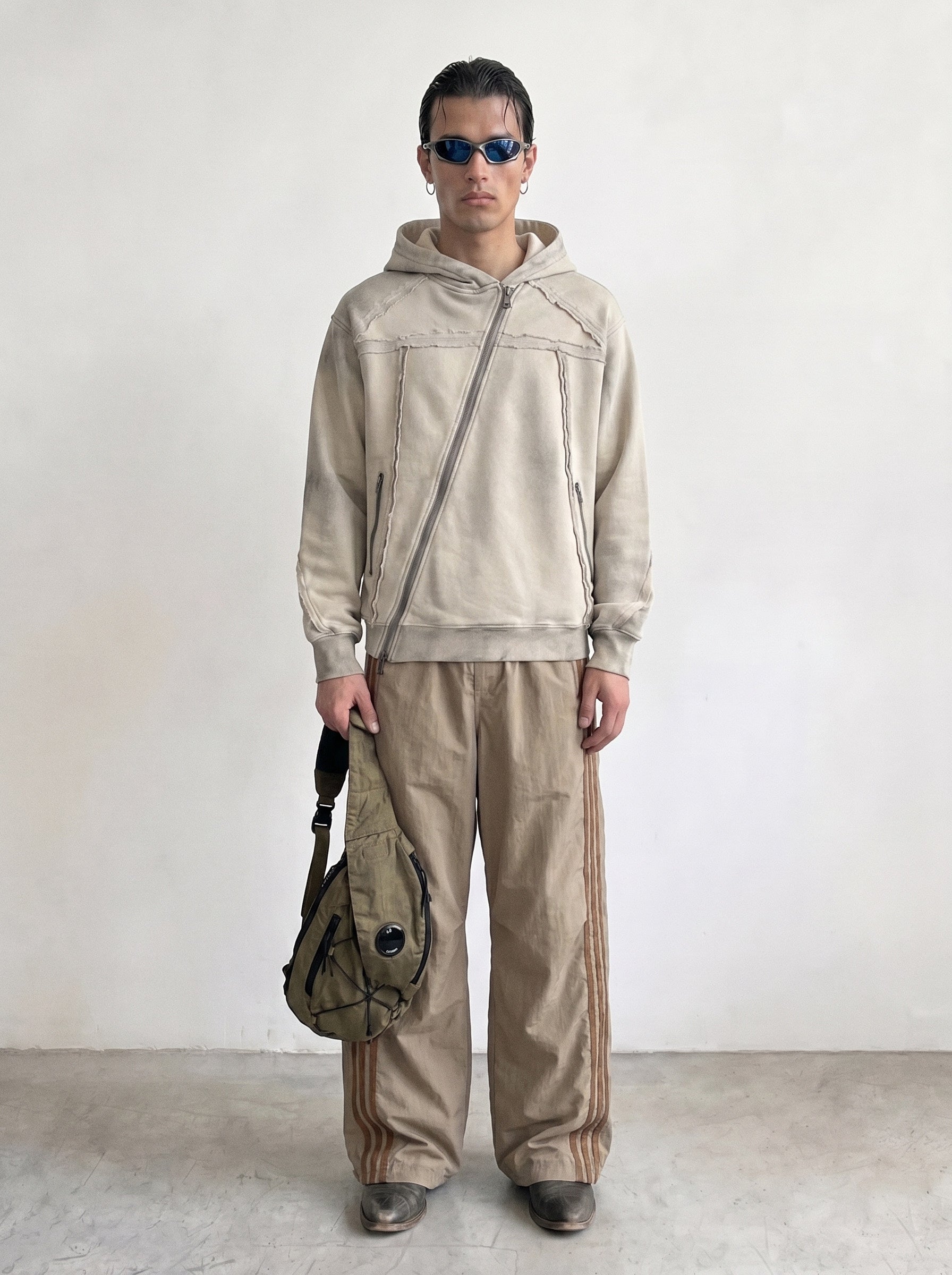 Washed Sand Diagonal Zip Hoodie