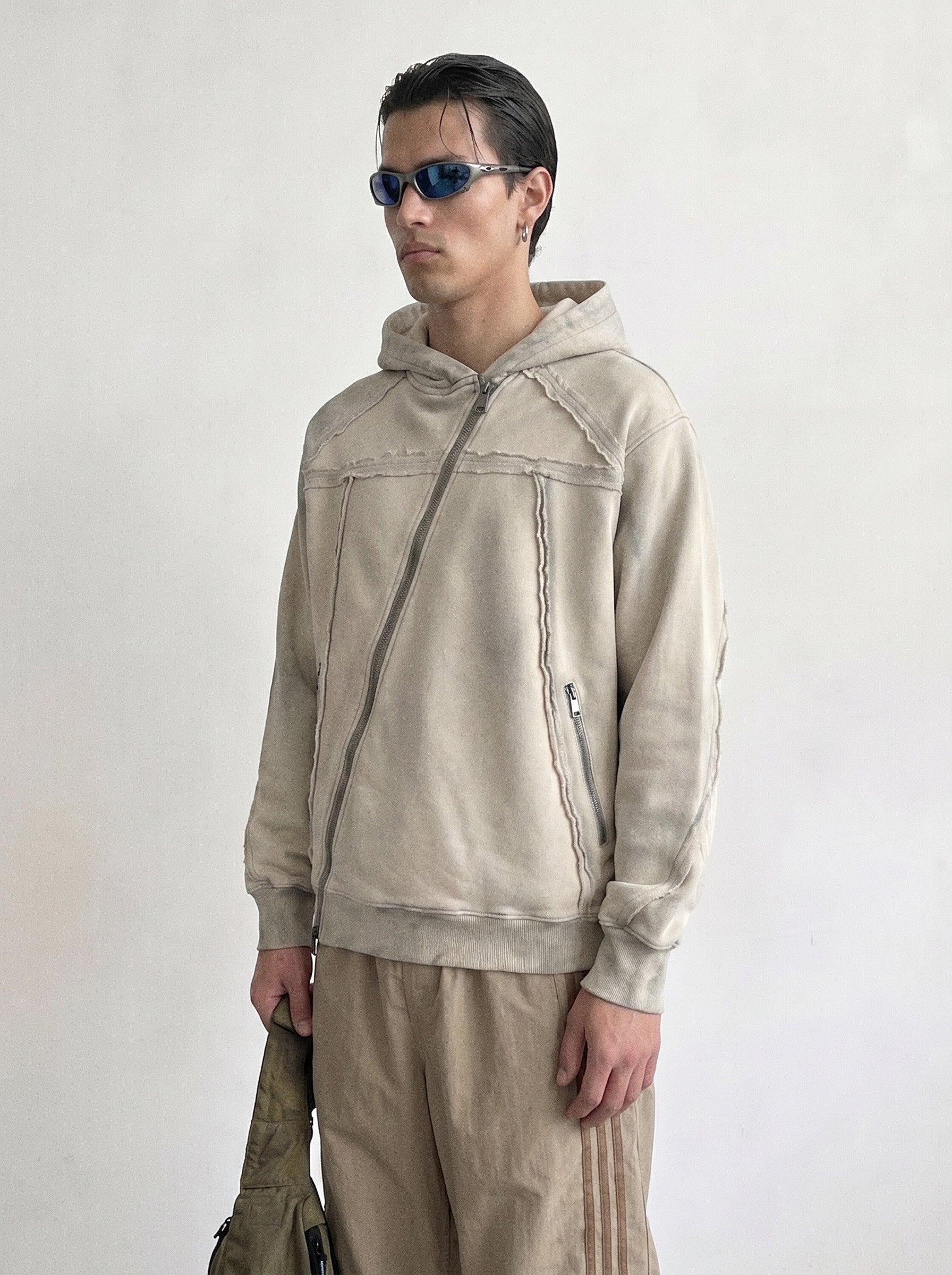 Washed Sand Diagonal Zip Hoodie