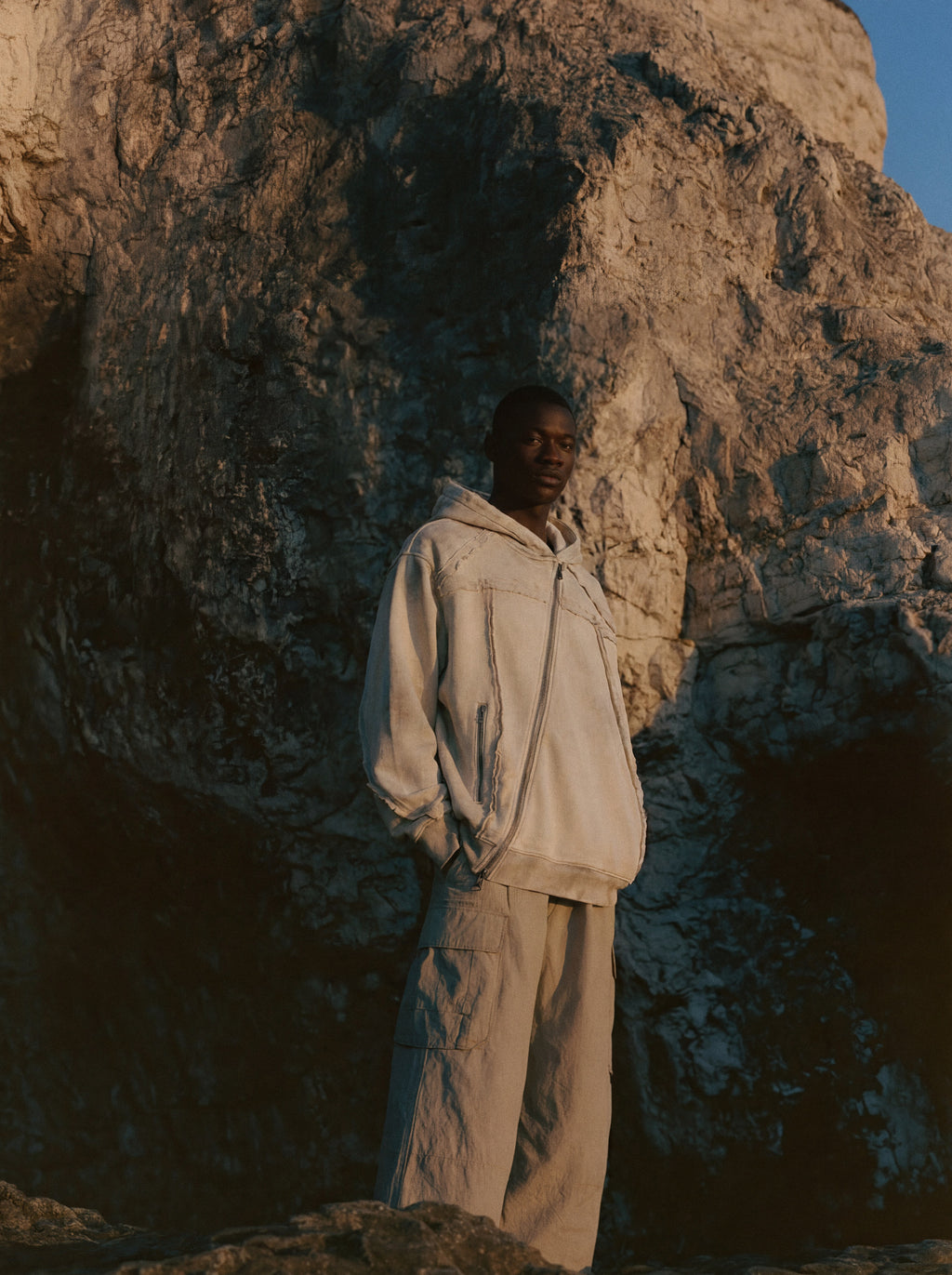 Washed Sand Diagonal Zip Hoodie