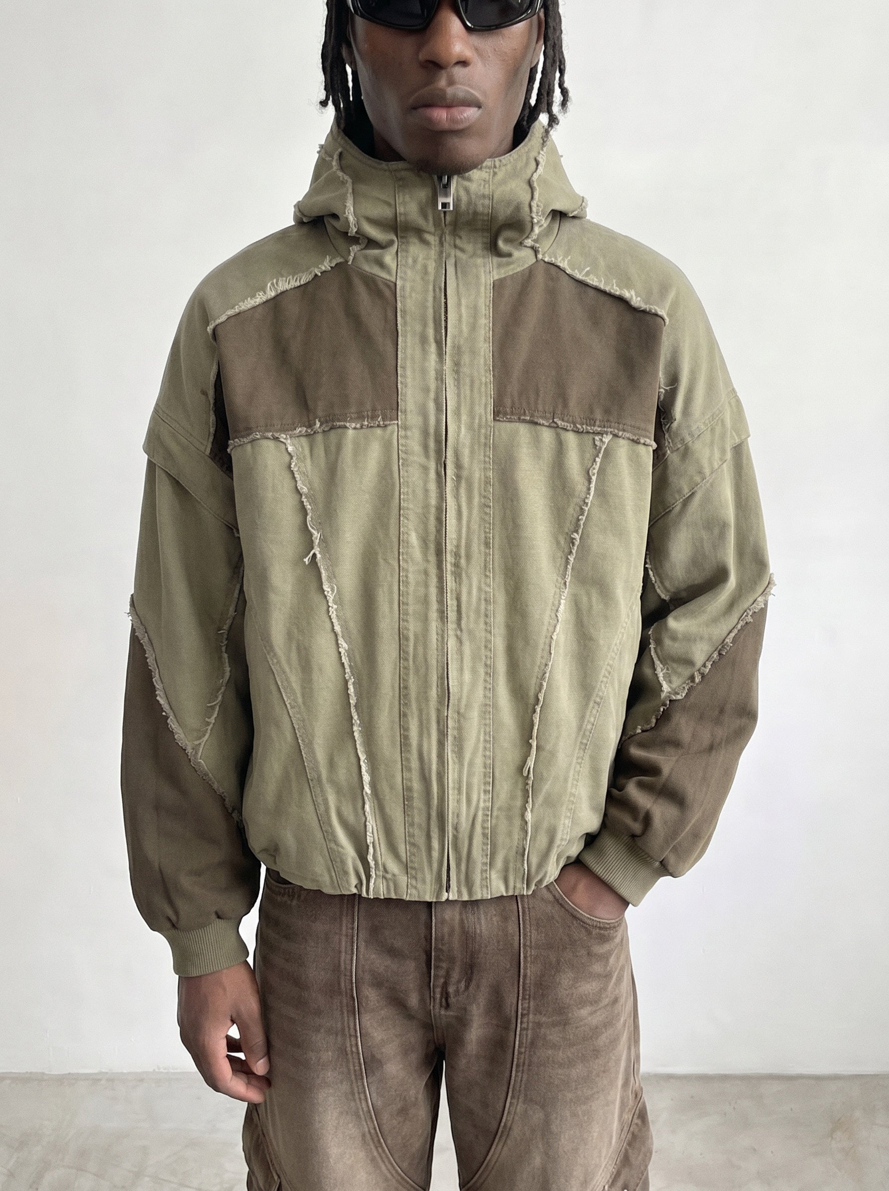 Two-Tone Patchwork Hooded Bomber
