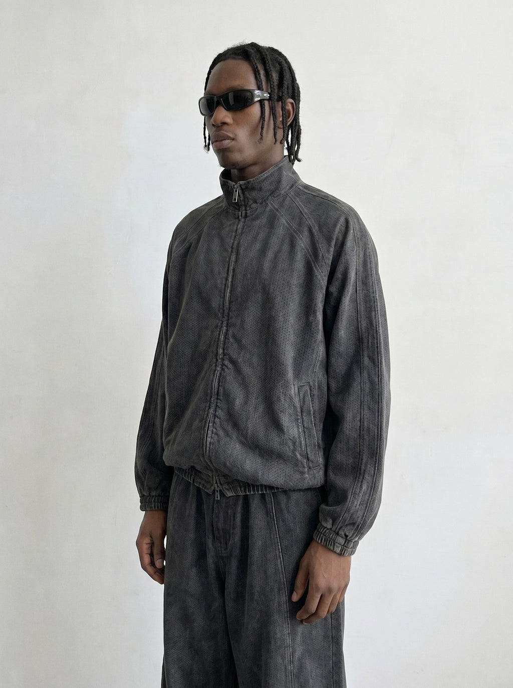 Washed Perforated Jacquard Track Jacket