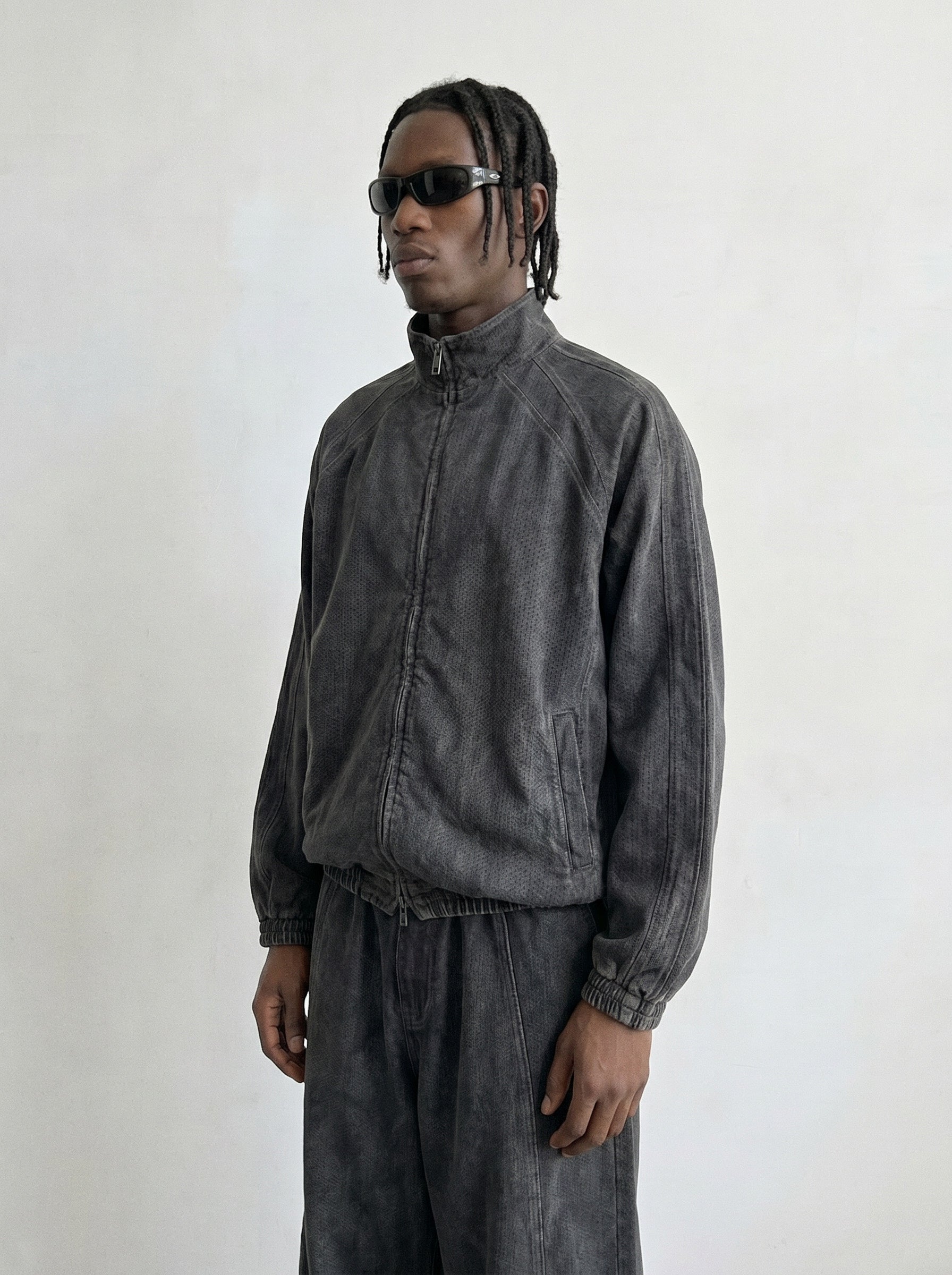 Washed Perforated Jacquard Track Jacket