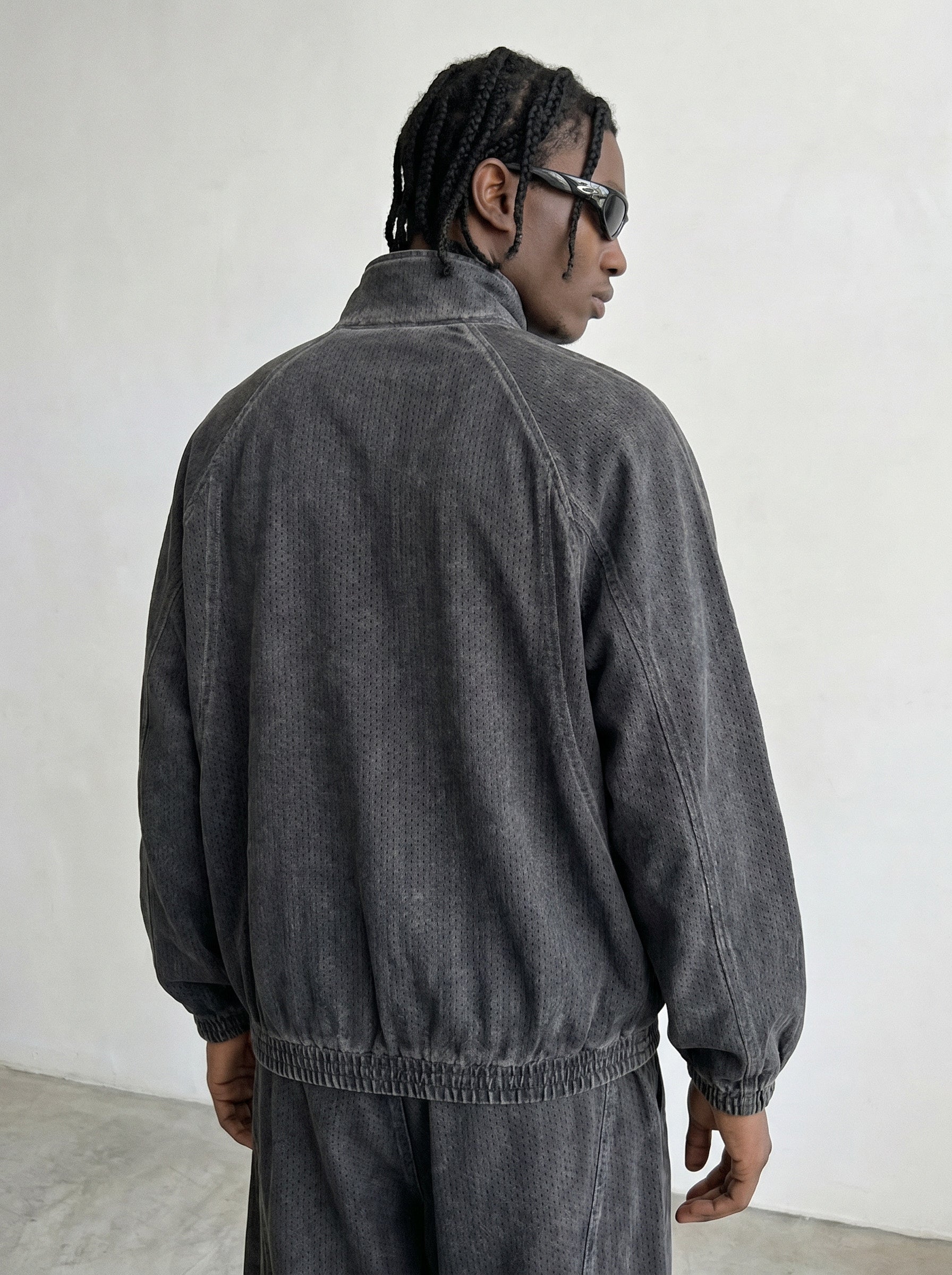 Washed Perforated Jacquard Track Jacket