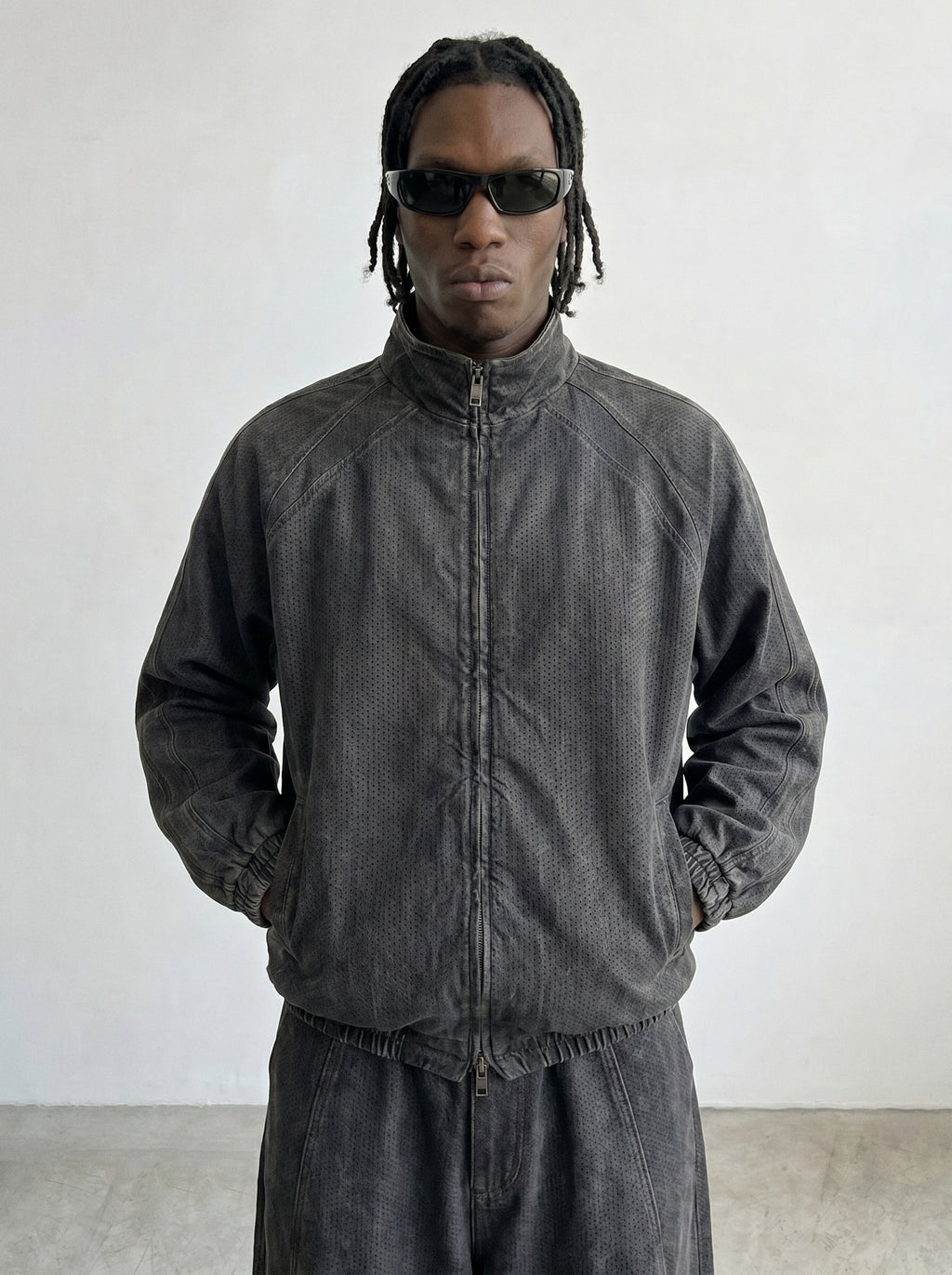 Washed Perforated Jacquard Track Jacket